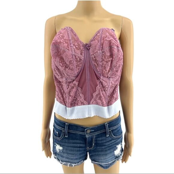 Goddess 46C American VINTAGE 90s Purple & Lilac Hand Dyed Floral Lace Bustier - Picture 1 of 7